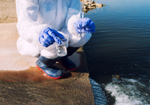 Technician testing water quality near a natural or industrial water source